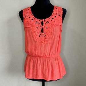 BCX shirt women medium sleeveless sheer crochet peplum tank top orange